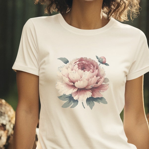 Boho Chic T-Shirt with Blooming Peony Illustration, Stylish & Trendy Casual Wear for Fashionistas, Gift for Her