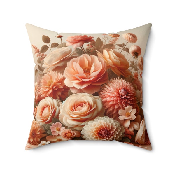 Élégant coussin floral pêche printemps sérénité couleur de l'année - roses, pivoines et dahlias fabriqués à la main - décoration idéale pour la maison et le bureau