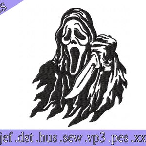 May include: Black and white embroidery design of a ghost figure wearing a hooded robe and holding a knife. The ghost has a mask with a wide-open mouth and a scream expression.