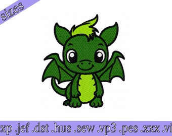 Baby dragon embroidery designs, green dragon embroidery design, 3 sizes, instant download