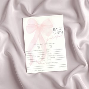 Plantilla de predicción digital para baby shower de niña con lazo rosa editable Tarjeta de predicción para baby shower con lazo rosa BSG002