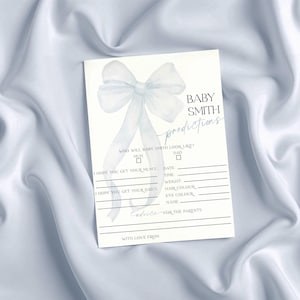 Modello modificabile per previsione baby shower digitale con fiocco blu per neonato Scheda di previsione baby shower con fiocco blu Baby Shower BSB002