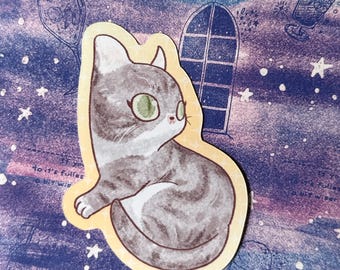 Adesivo de vinil de gato malhado cinza, ilustração original, adesivo à prova d'água, presente para amantes de gatos