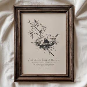 Decoración cristiana para pared - Lámina con versículo bíblico vintage - Mateo 6:26 Mirad las aves del cielo (Descarga digital)