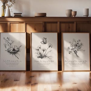 May include: Three framed art prints with botanical illustrations in black and white. The prints feature drawings of birds, a butterfly, and flowers, with inspirational quotes and Bible verses. The frames are a light brown colour.