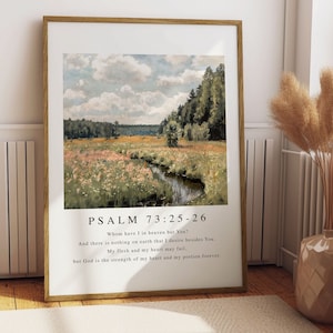May include: A framed print with a watercolor painting of a forest scene with a stream running through it. The print has the text "PSALM 73:25-26" and a bible verse about faith and hope.