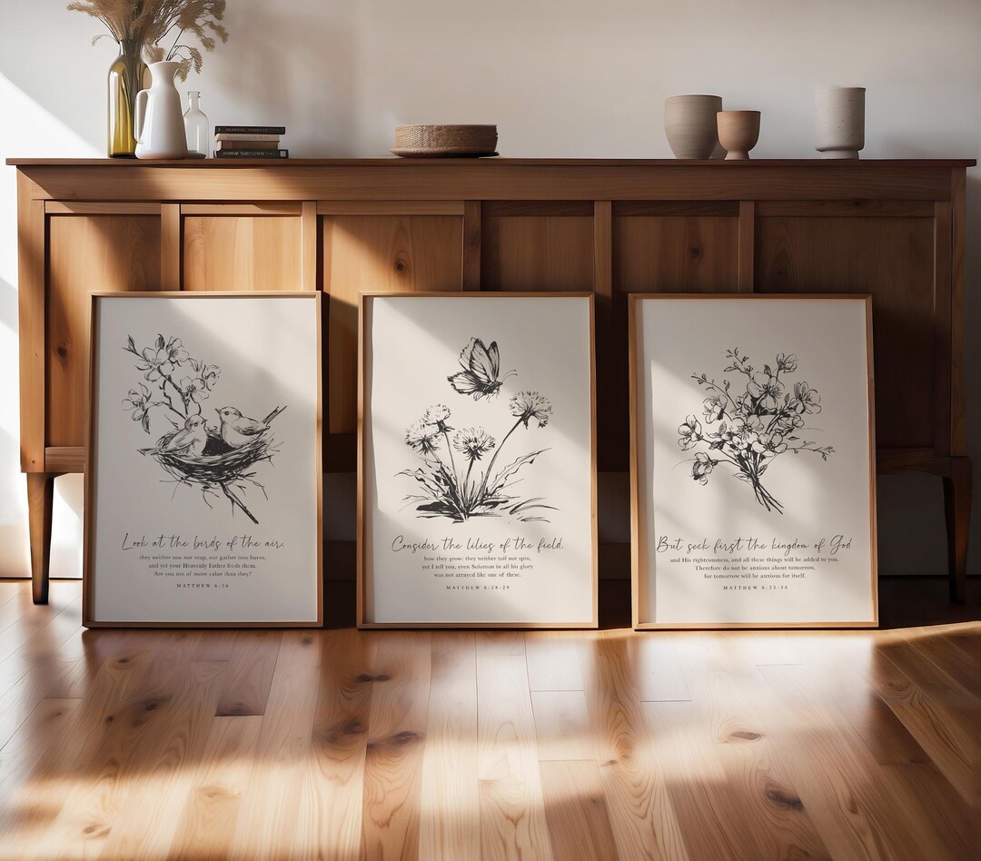 Set of 3 Christian Wall Art - Matthew 6 Neutral Vintage Bible Prints ...