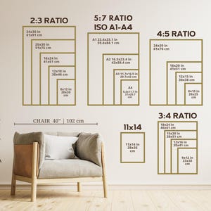 May include: An image displaying various print sizes and ratios, including 2:3, 5:7, 4:5, and 3:4, with measurements in inches and centimeters. A chair, 40 inches (102 cm) wide, is in the foreground.