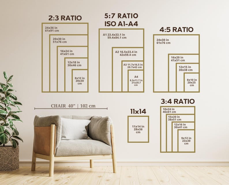 May include: An image displaying various print sizes and ratios, including 2:3, 5:7, 4:5, and 3:4, with measurements in inches and centimeters. A chair, 40 inches (102 cm) wide, is in the foreground.