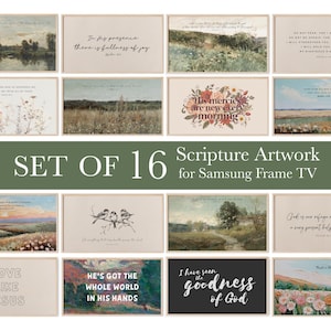 May include: Set of 16 scripture artwork prints for Samsung Frame TV. The artwork features landscape paintings and inspirational quotes. The prints are in neutral tones with a variety of fonts and styles.