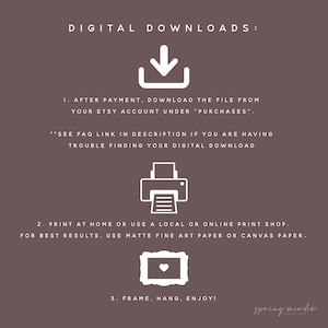 May include: A digital downloads guide on a brown background. The white text includes instructions on downloading, printing, and framing digital art. The image features a download icon, a printer icon, and a framed heart icon.
