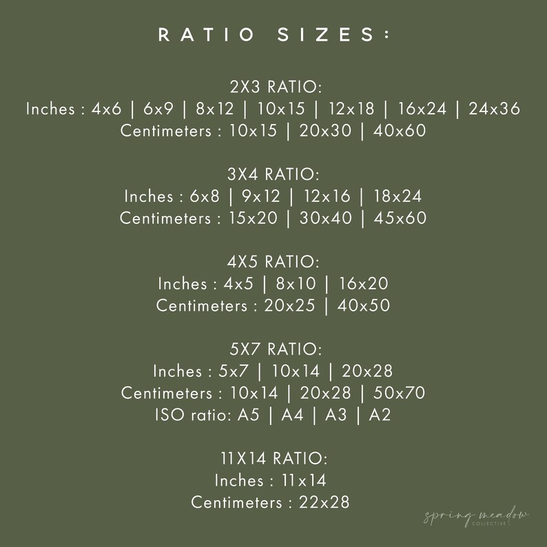 May include: A green background with white text detailing print ratio sizes. Includes 2x3, 3x4, 4x5, 5x7, and 11x14 ratios. Measurements are listed in inches and centimeters, such as 4x6 inches and 10x15 centimeters.