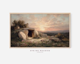 Christelijke ingelijste tv-kunst: Pasen Jezus ingelijste tv-kunst | Hij is opgestaan | Lege grafkunst (digitale download)