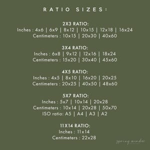 May include: A green chart with the title "Ratio Sizes" lists different aspect ratios for images, including 2x3, 3x4, 4x5, 5x7, and 11x14. Each ratio lists the corresponding dimensions in inches and centimeters.