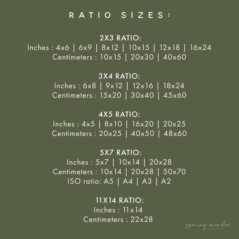 May include: A green chart with the title "Ratio Sizes" lists different aspect ratios for images, including 2x3, 3x4, 4x5, 5x7, and 11x14. Each ratio lists the corresponding dimensions in inches and centimeters.