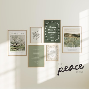 May include: A gallery wall arrangement of framed art prints in a variety of sizes and styles. The prints feature botanical illustrations, landscape scenes, and inspirational quotes. The text "The Peace Series" is displayed in a script font.