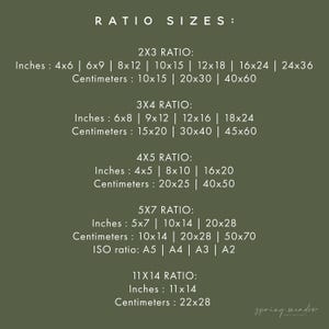 May include: A green background with white text detailing print ratio sizes. Includes 2x3, 3x4, 4x5, 5x7, and 11x14 ratios, with measurements in inches and centimeters. The text also lists ISO ratios A5, A4, A3, and A2.