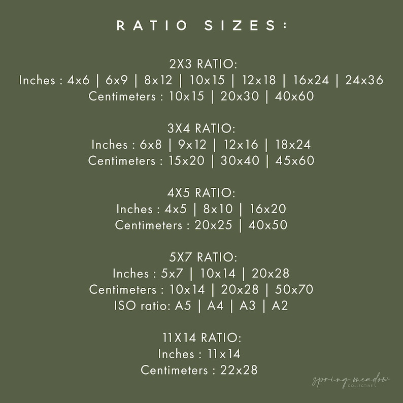 May include: A green background with white text detailing print ratio sizes. Includes 2x3, 3x4, 4x5, 5x7, and 11x14 ratios, with measurements in inches and centimeters. The text also lists ISO ratios A5, A4, A3, and A2.