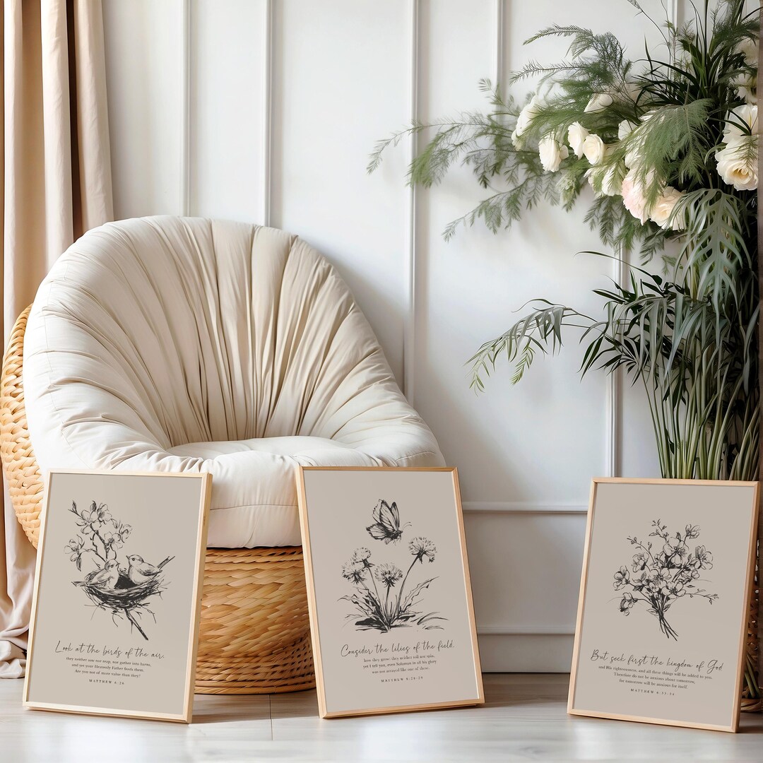 Set of 3 Christian Wall Art - Matthew 6 Neutral Vintage Bible Prints ...