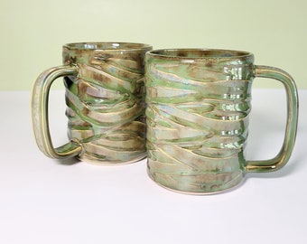 Handmade Green Sliptrail Mug: Ceramic Coffee Mug (12 oz) by Dirty Whirl Ceramics