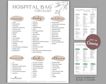 Hospital Bag Checklist | Birth Packing List | Labor and Delivery | Labor Bag Checklist | Editable Canva Template