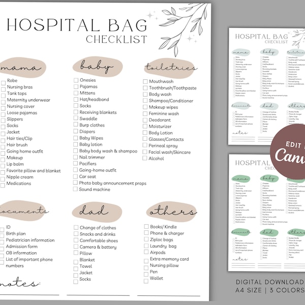 Krankenhaustasche Checkliste | Geburtstags-Packliste | Arbeit und Lieferung | Checkliste für die Geburtstasche | Bearbeitbare Canva Vorlage