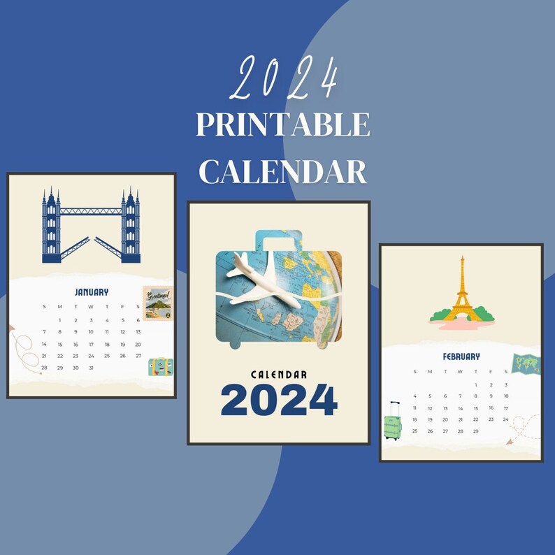 Printable Calendar 2024 Travel Calendar Cute Monthly Etsy