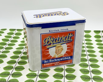 Scatola di latta vintage Brandt Zwieback XL, scatola per biscotti tedesca, contenitore da cucina retrò, scatola pubblicitaria di metà secolo, scatola di latta da collezione