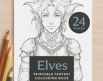 May include: A black and white printable fantasy colouring book titled "Elves" with a detailed illustration of an elf. The cover includes the text "24 Pages" and "Volume 1". Coloured pencils are visible in the lower left corner.