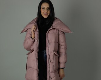 Cassidy Down Coat: Pink or Sand Nylon, Duck Down Padded, Dual Zip, Belted Silhouette