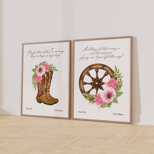 Set of 2 Tyler Childers Poster-House Fire Print Lyrics-Country Squire Album-Country Music Prints-Western Room Decor-Coastal Cowgirl Wall Art