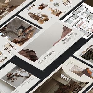 Puede incluir: Presentación de marca y diseño de interiores con una paleta de colores neutros. La presentación incluye un plano de planta, muestras de colores e imágenes de muebles y decoración. Los textos "Branding+" y "Diseño de interiores" son visibles en las páginas.
