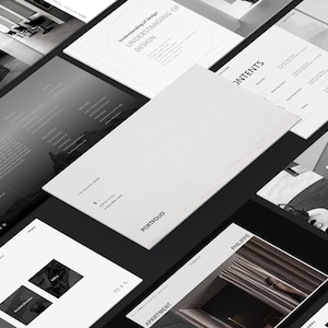 Könnte beinhalten: Eine Sammlung von weißen und grauen Design-Portfolio-Layouts, darunter Seiten mit den Wörtern "Understanding of Design", "Contents" und "Portfolio". Die Layouts zeigen Bilder von Innenarchitektur und architektonischen Elementen.