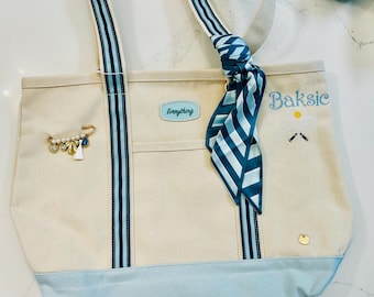 Personalized Sicily Stripes Teal Canvas Bags, Embroidered Tote,Preppy Bag, Pool Bag, Gift for Women