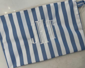 Personalized Cabana Bags, Striped Blue Travel Bag, Makeup Bag, Size Large, Pool Bag