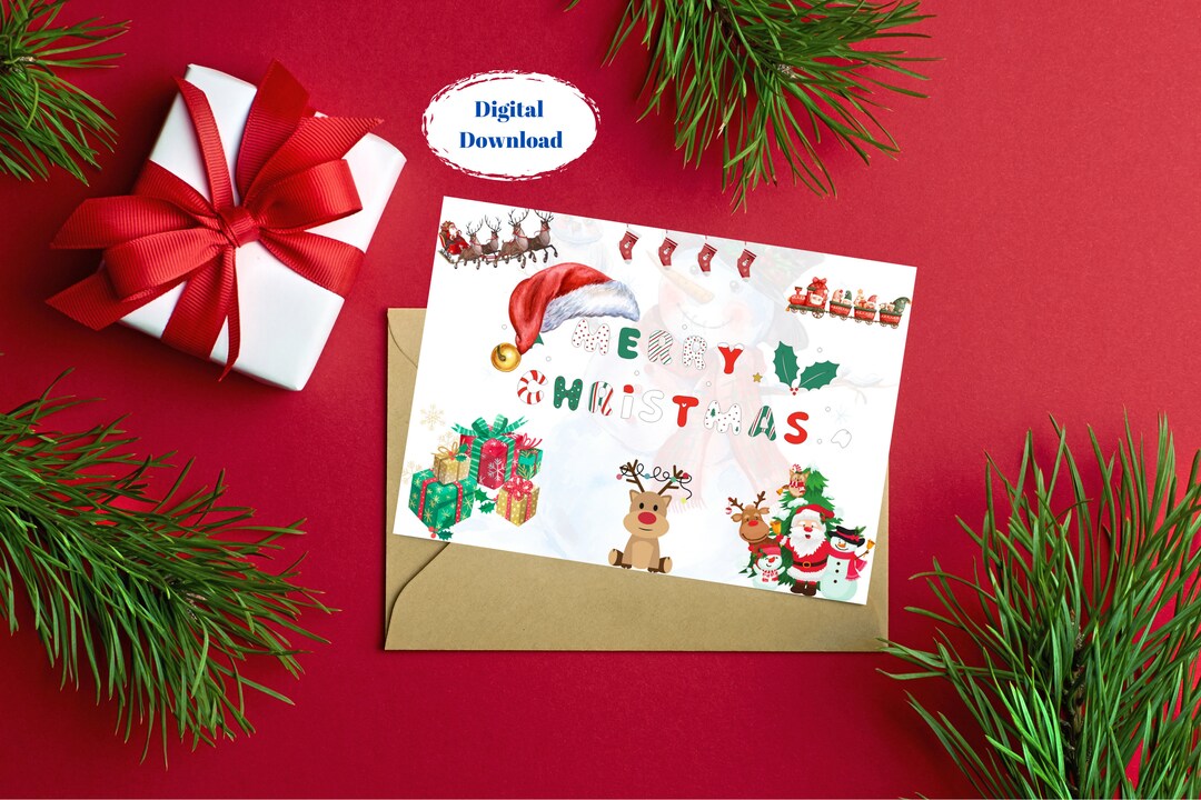 Merry Christmas Card Printable Digital Download, Seasons Greetings Card