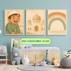 Juego de 3 carteles/imágenes de estilo bohemio para habitaciones infantiles, arte mural islámico para imprimir, mezquita arcoíris joven. Descarga digital A4