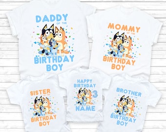 Bluey verjaardag jongen familie bijpassende outfits familie shirts gepersonaliseerde naam leeftijd shirts 3 jaar oude peuter baby gelukkige verjaardag 2e 1e tshirt