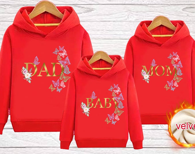 butterfly Family outfits party hoodies winter Plush hoodie keep warm dad mom baby SIS hooded clothing family matching outfit flower clothes