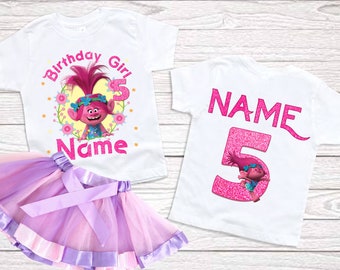 Troll Poppy outfits birthday girl shirts 5th birthday Girls sets  Birthday Tutu Outfit Custom Personalized Name Age Party Shirt Set 1st 6th