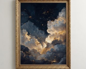 May include: A framed painting of a night sky with swirling clouds in blue, white, and gold. The artwork has a celestial theme with stars and a gold ornate frame, creating a dreamy and atmospheric aesthetic. The frame is gold.