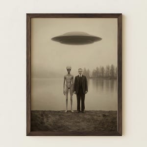 Puede incluir: Impresi&oacute;n enmarcada en tonos sepia que representa un OVNI sobre un lago, con un extraterrestre y un hombre con traje en la orilla. El extraterrestre est&aacute; desnudo y el hombre lleva un traje oscuro. El fondo muestra un lago y &aacute;rboles.