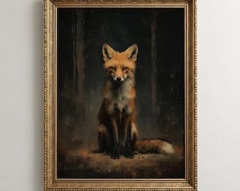 Arte mural de zorros / Pintura al óleo antigua de zorros / Decoración gótica estilo academia oscura para habitaciones / Lámina rústica de zorros estilo cottagecore / Regalo para amantes de los zorros / Lámina de zorros con un toque melancólico
