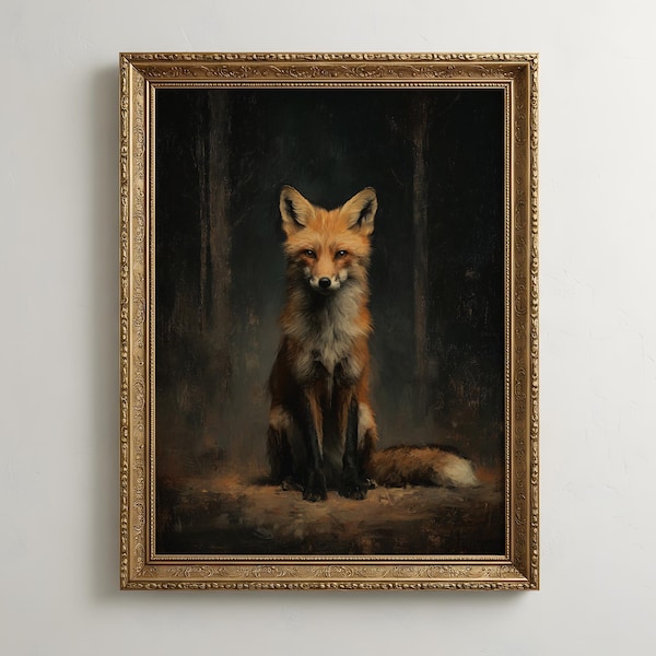 Fox Wall Art | Antique Fox Oil Painting | Dark Academia Gothic Room Decor | Rustic Cottagecore Fox Print | Fox Lover Gift | Moody Fox Print