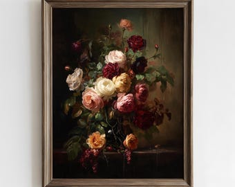 Dark Botanical Rose Wall Art | Moody Vintage Floral Rose Print | Dark Cottagecore Gothic Romance Wall Decor | Dark Academia Botanical Art