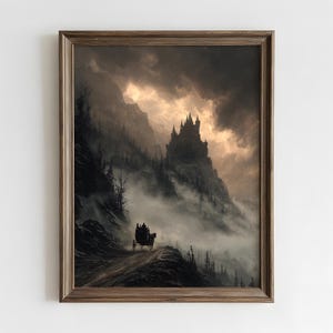 Art mural château de Dracula | Impression Dark Fantasy vampire gothique | Décoration d'intérieur château hanté Dark Academia | Paysage forestier de mauvaise humeur | Gothique