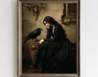 Gothic Princess and Raven Wall Art Print | Moody Victorian Dark Romance Oil Painting | Goth Dark Room Decor | Moody Gothic Witch Raven Art