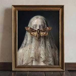May include: A framed portrait features a person veiled in lace, with a large moth obscuring the face. The moth has a skull-like marking. The artwork is set in a gold-colored frame, creating a gothic and mysterious aesthetic.