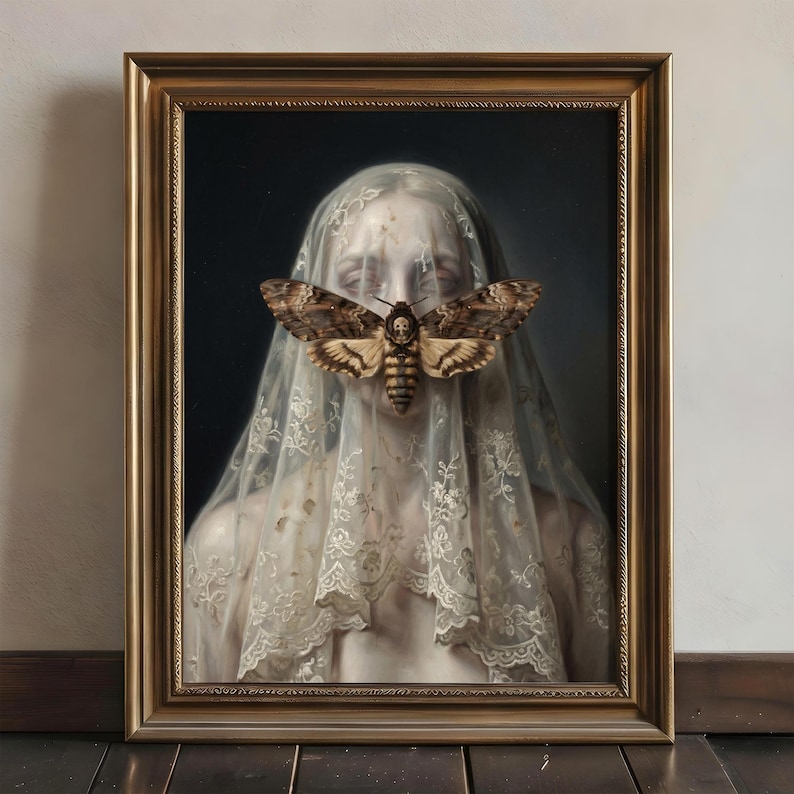 May include: A framed portrait features a person veiled in lace, with a large moth obscuring the face. The moth has a skull-like marking. The artwork is set in a gold-colored frame, creating a gothic and mysterious aesthetic.