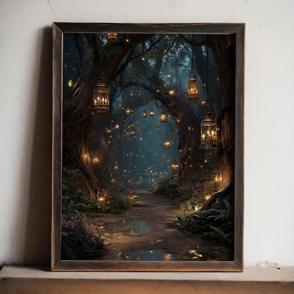 Affiche murale Forêt enchantée | Décoration Forêt de lanternes | Art féerique des bois | Décoration Cottagecore sombre | Accent mural magique pour chambre